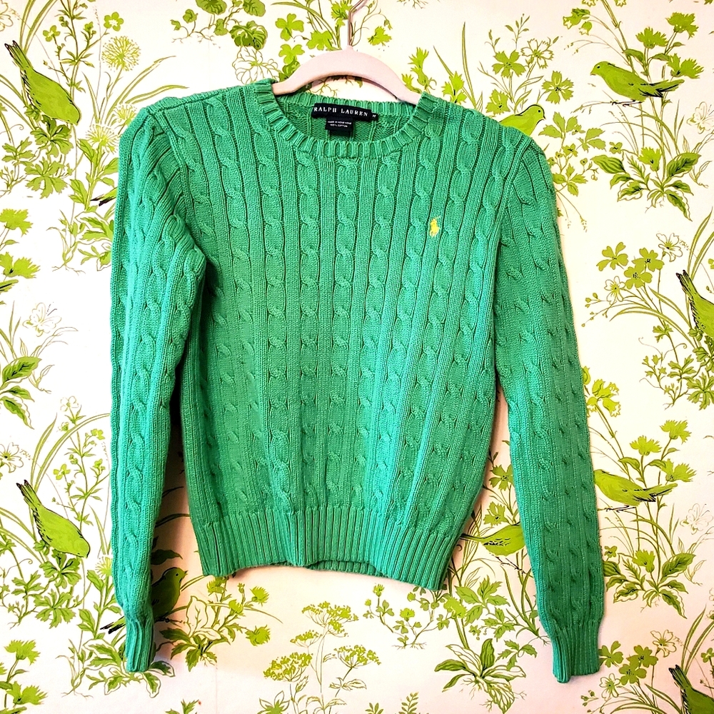 Ralph Lauren Green Crew Neck Cable Knit Sweater